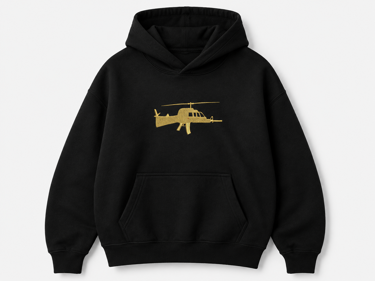Sort hoodie med Helicopter grafisk trykk og brodering